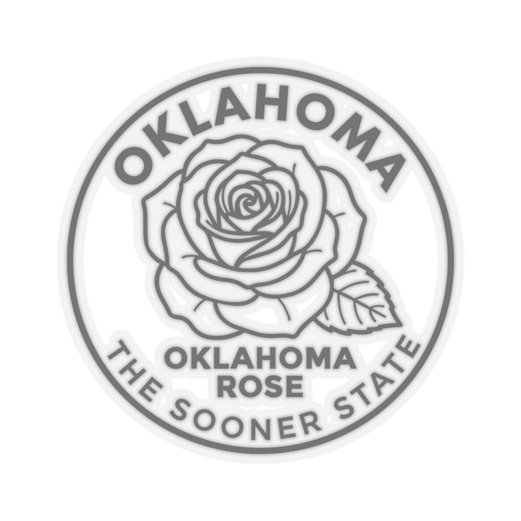 Transparent vinyl circular Oklahoma rose sticker with rose line art and surrounding state wording