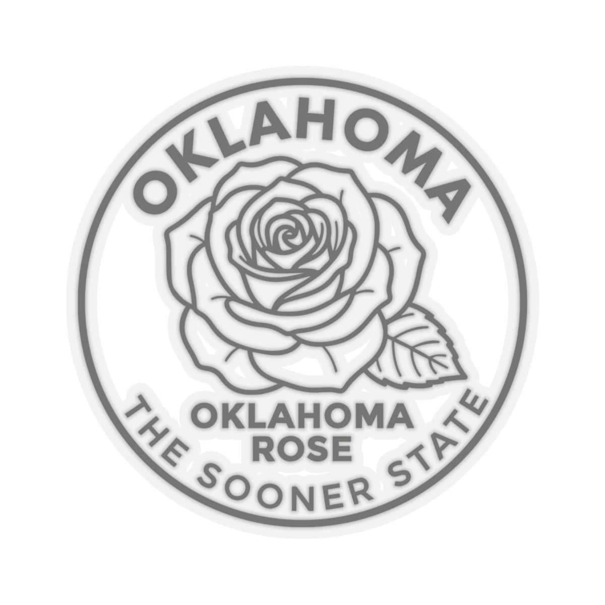 Transparent vinyl circular Oklahoma rose sticker with rose line art and surrounding state wording