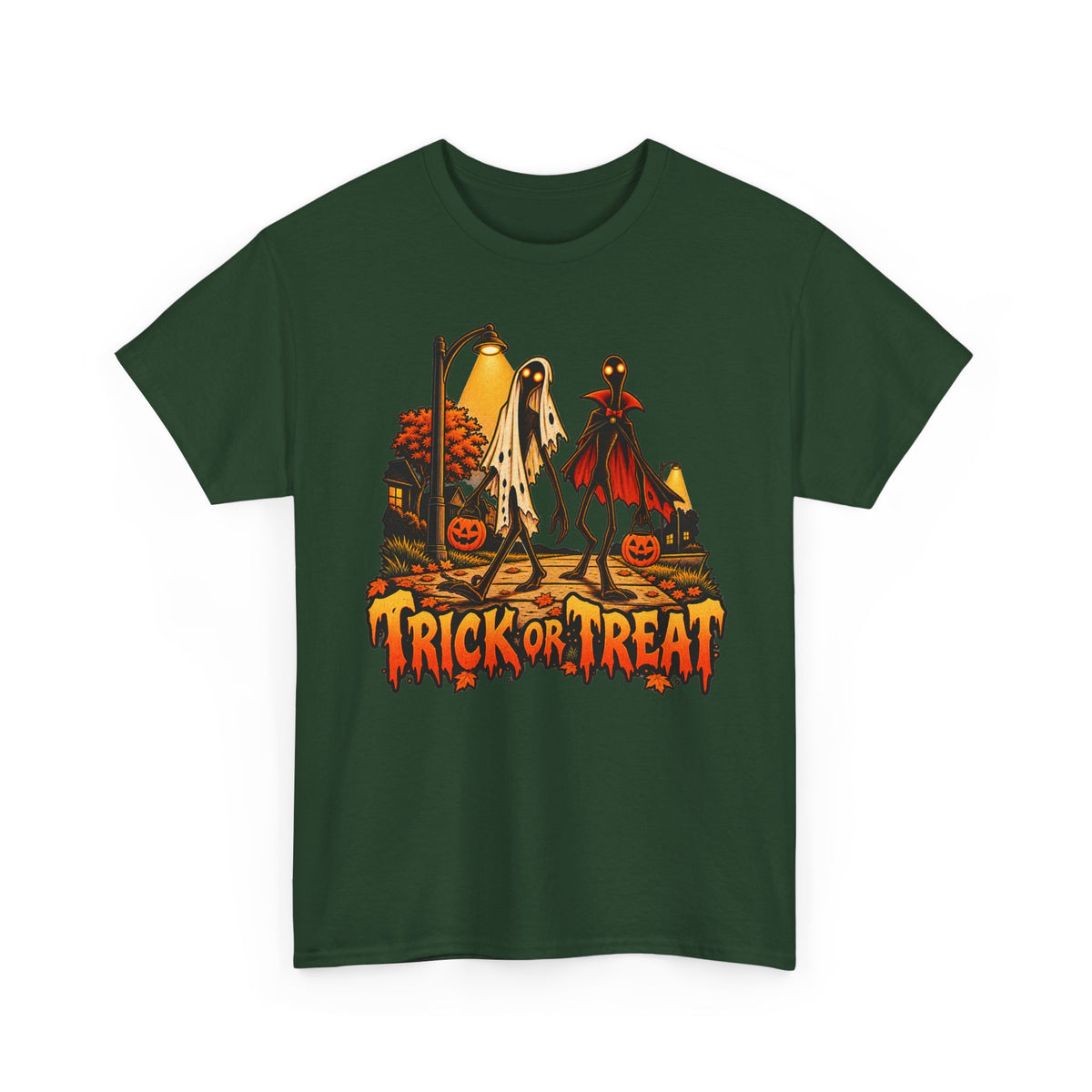 Dark green Halloween T-shirt with ghost, vampire and 'Trick or Treat' front graphic