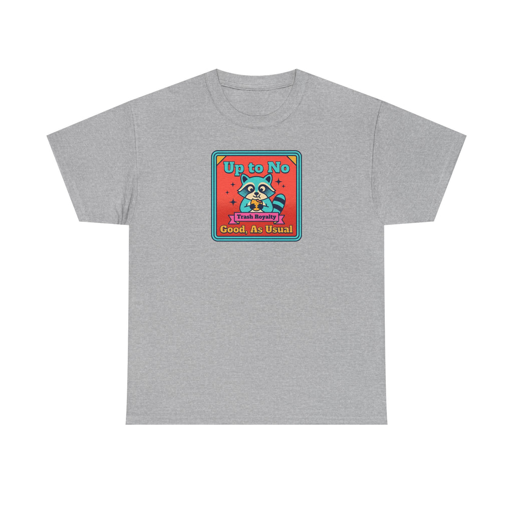 Light gray T-shirt with small square raccoon graphic text “Up to No Good, As Usual”
