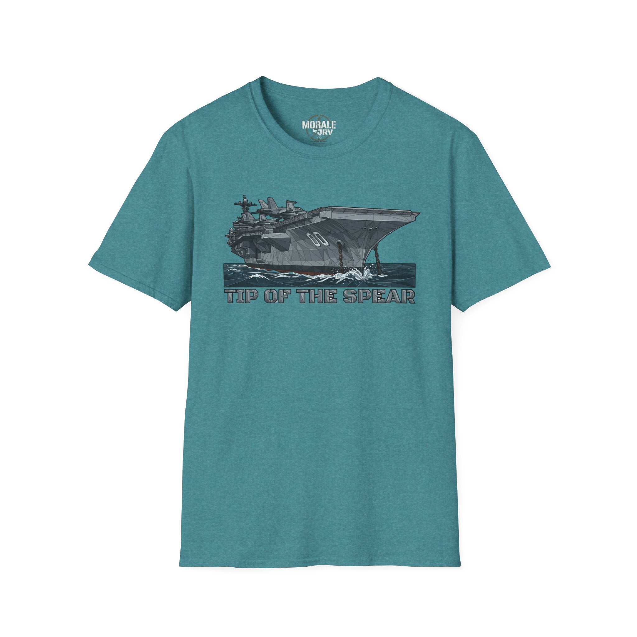 Teal T-shirt with 'TIP OF THE SPEAR' aircraft carrier front graphic