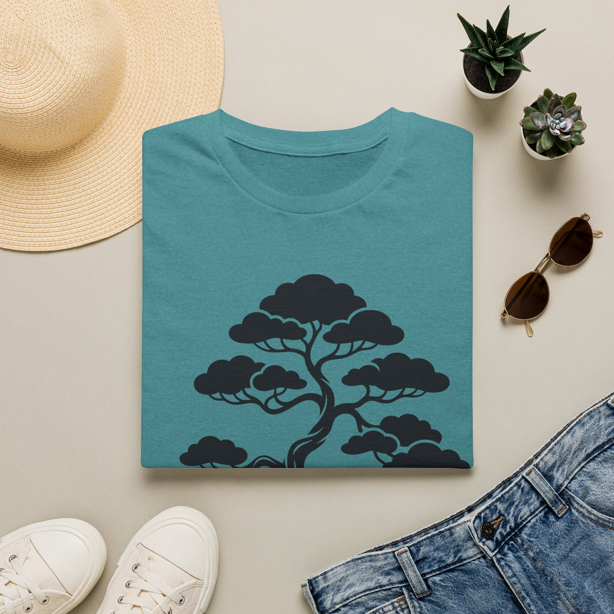Teal bonsai tree graphic t-shirt with dark tree silhouette and rounded foliage