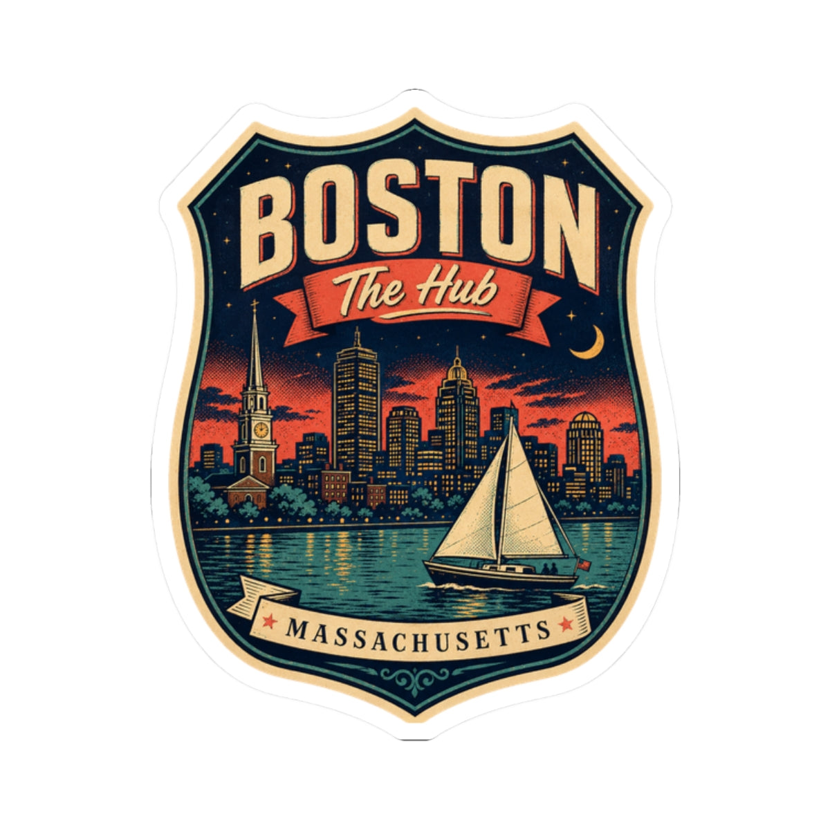 Boston “The Hub” luggage tag sticker featuring sailboat over city skyline