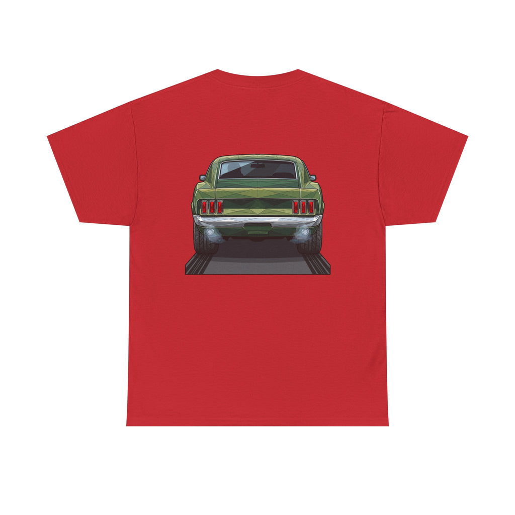 Red T-shirt with vintage green muscle car front graphic centered