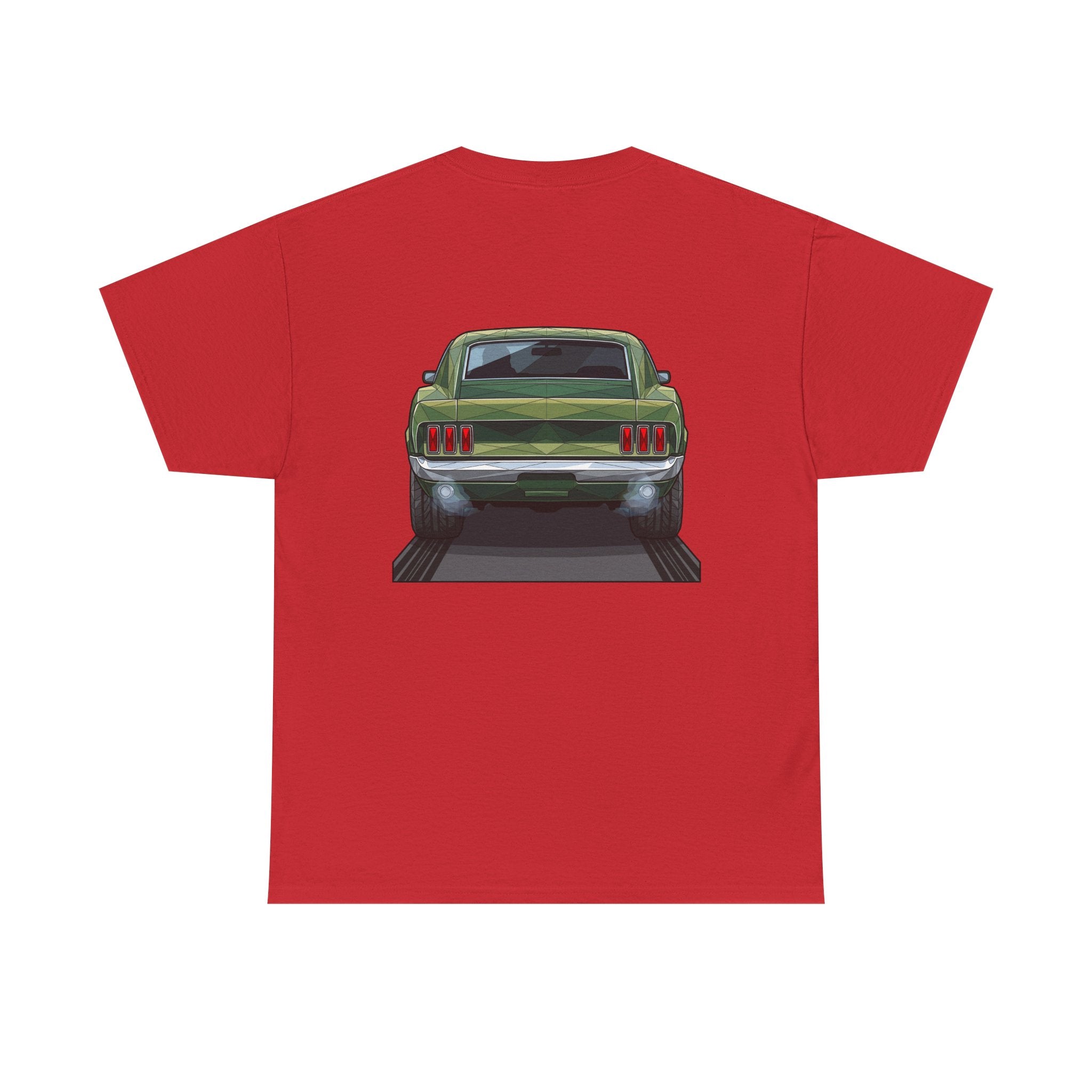 Red T-shirt with vintage green muscle car front graphic centered