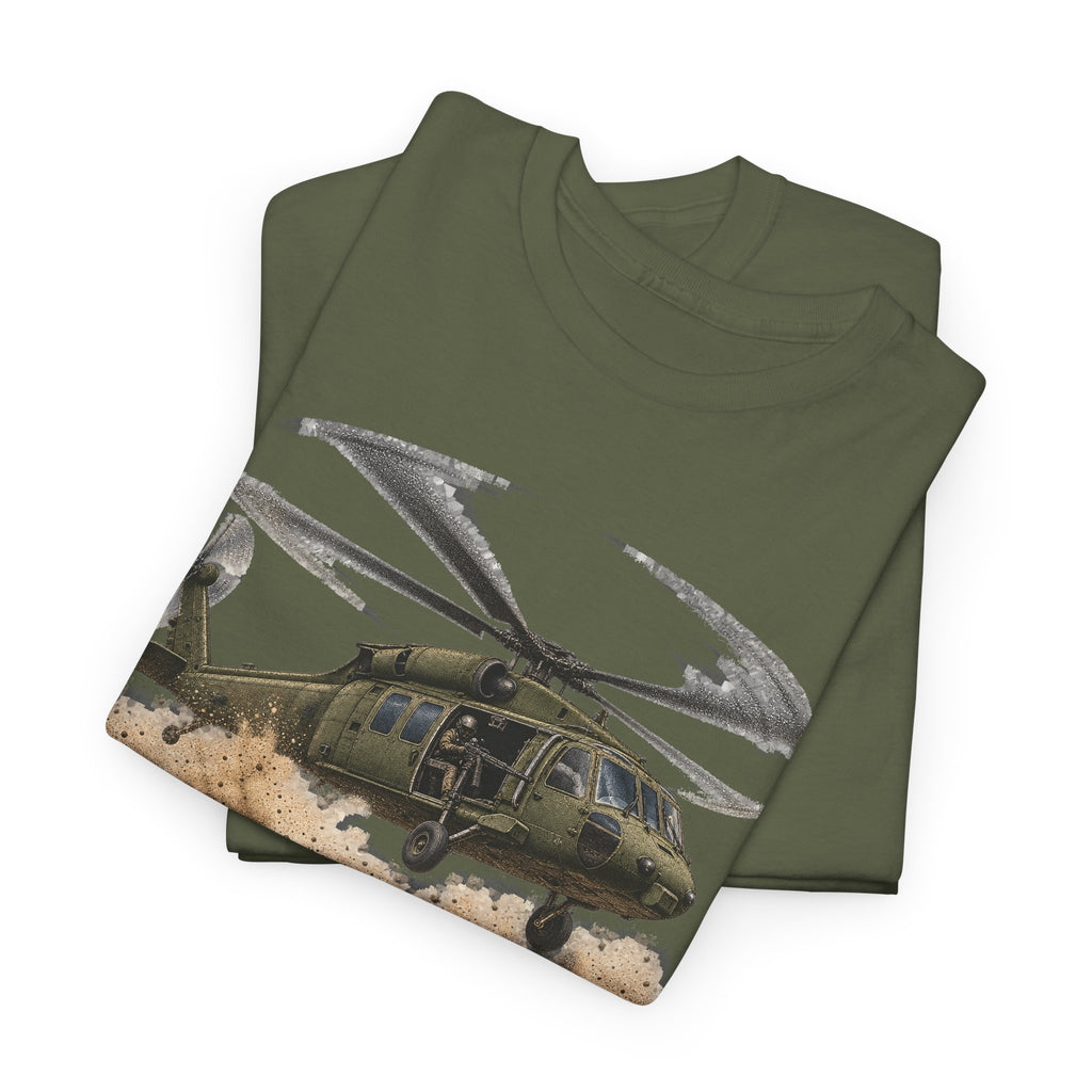 Olive green crew neck t-shirt with helicopter graphic print on front.