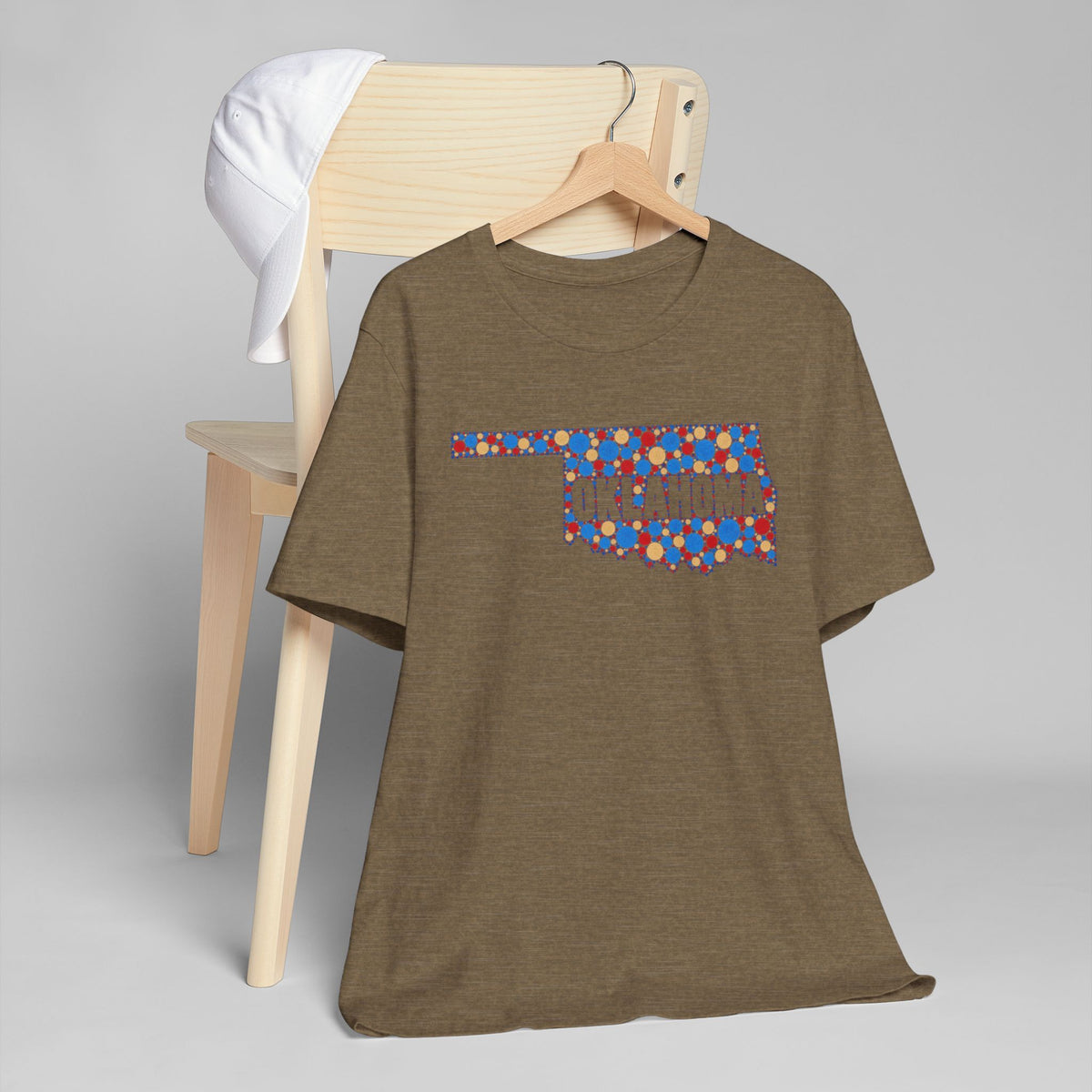 Oklahoma floral map graphic T-shirt, olive-brown with colorful Oklahoma outline