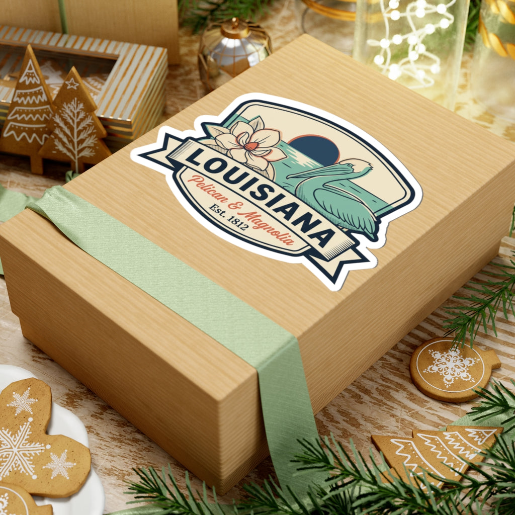 Louisiana state sticker decal with pelican, magnolia flower, and “Est. 1812” ribbon badge.