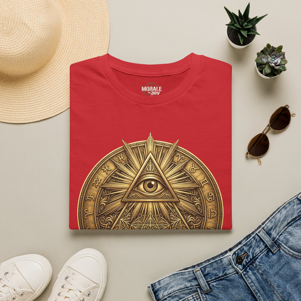 Red graphic T-shirt with gold all-seeing eye and triangular mandala front print