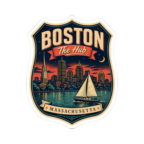 Boston “The Hub” luggage tag sticker with sailboat, skyline, and “Massachusetts” text