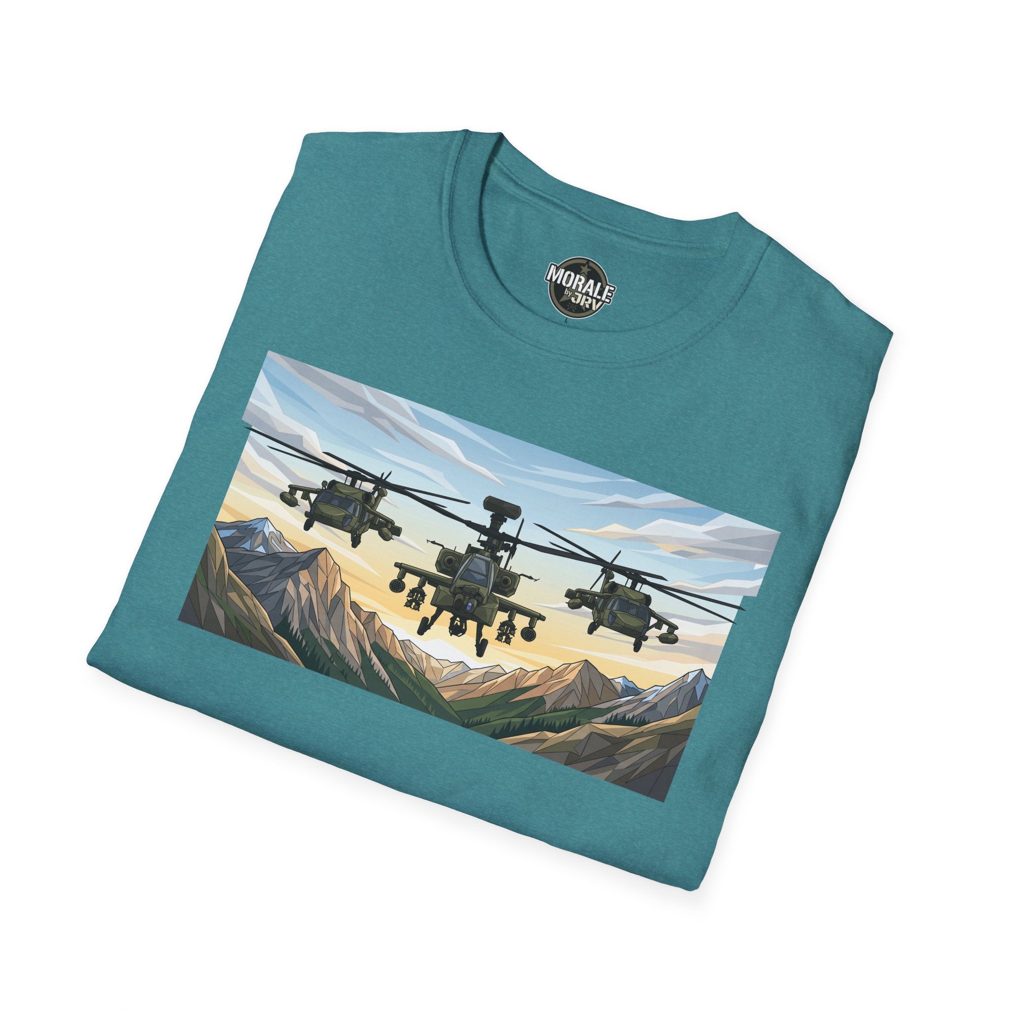 Teal Attack Helicopters over mountain valley graphic T-shirt, crew neck