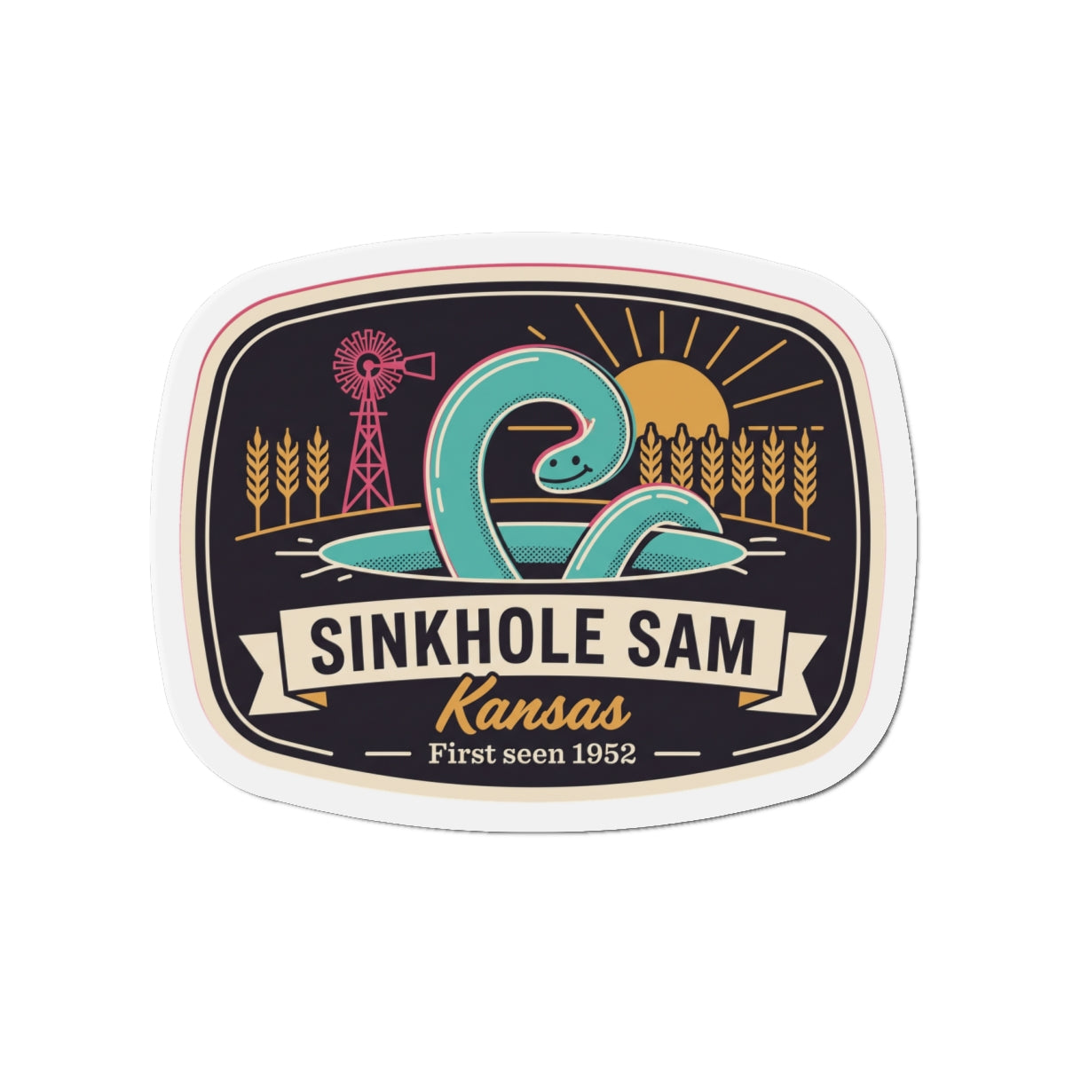 Die-cut sticker-style magnet with oval Kansas graphic, colorful design with white outline