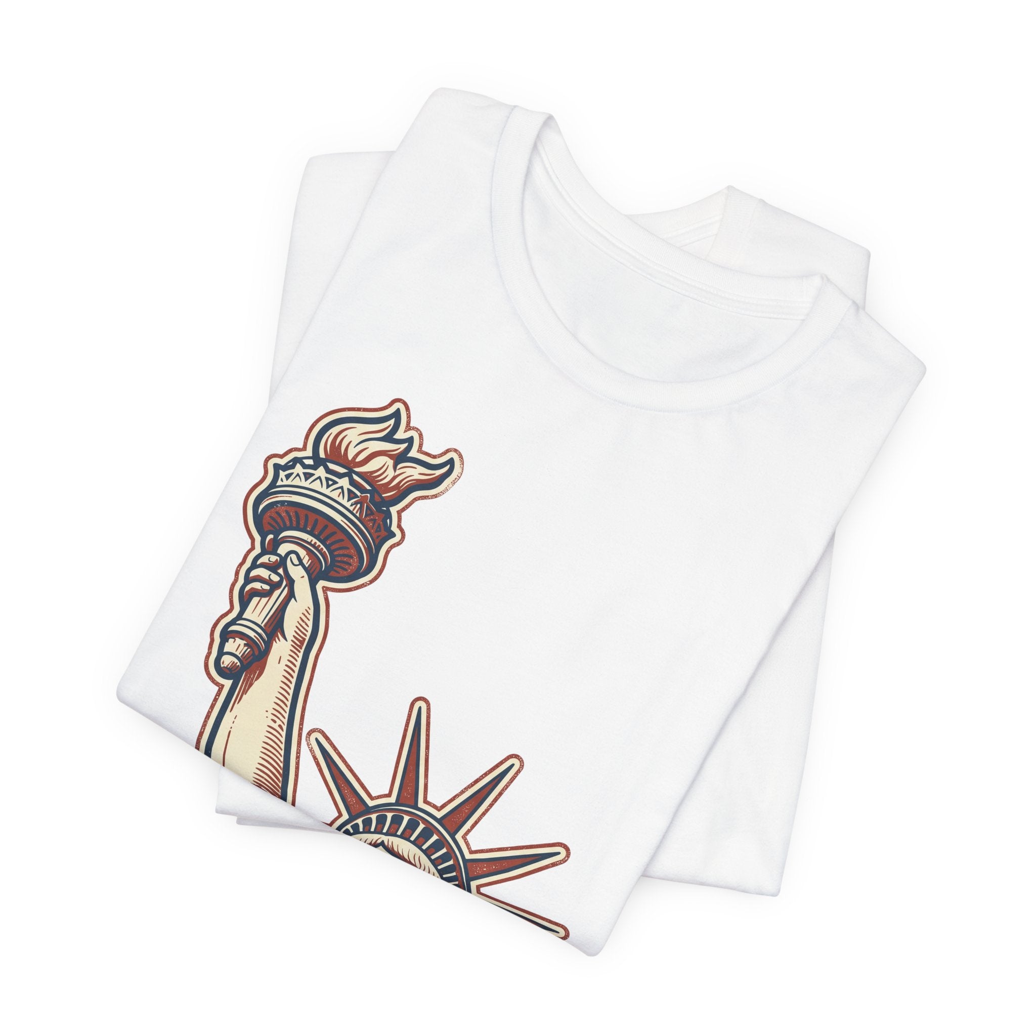 White graphic tee with partial Liberty statue illustration print