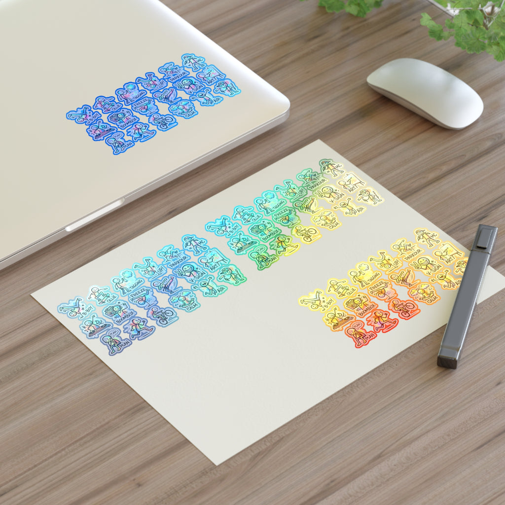 Colorful die-cut exercise character sticker sheet on white paper, cartoon fitness icons