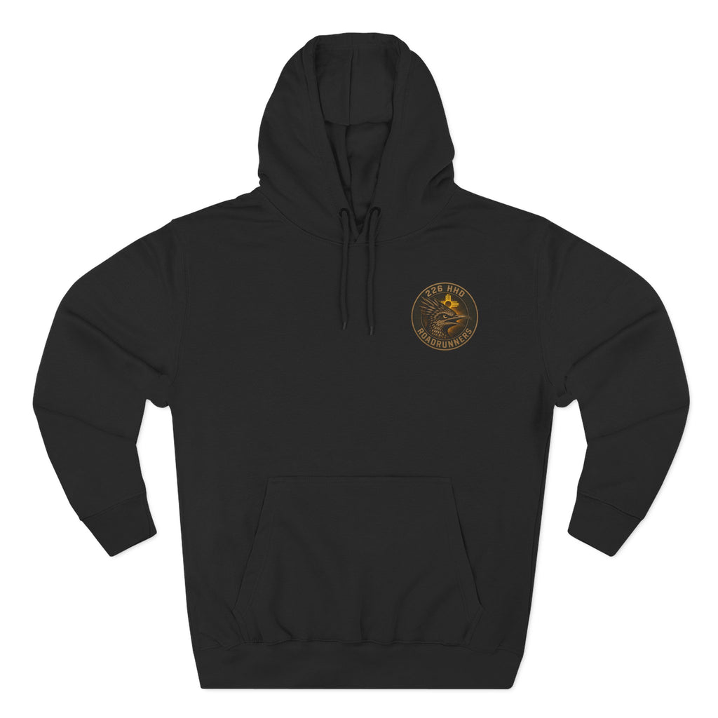 Black pullover hoodie with hood, drawstrings, and kangaroo pocket