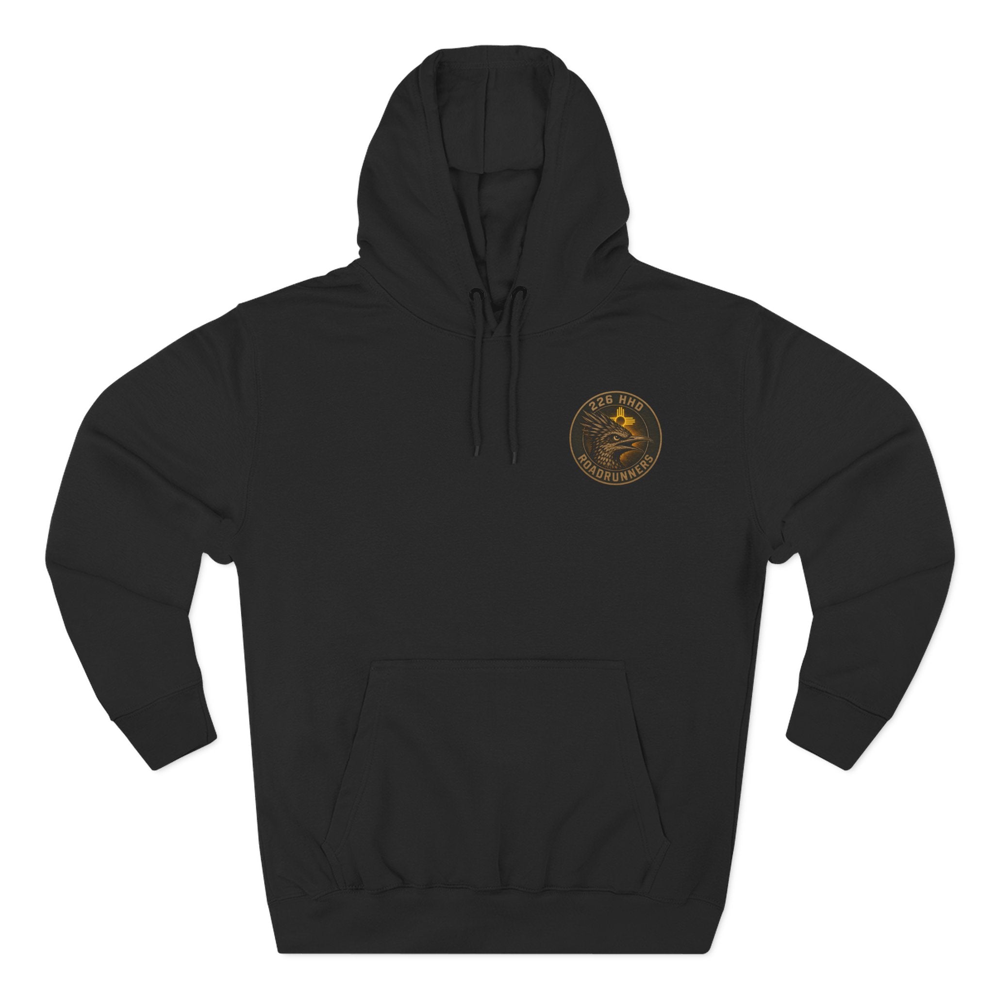 Black pullover hoodie with hood, drawstrings, and kangaroo pocket