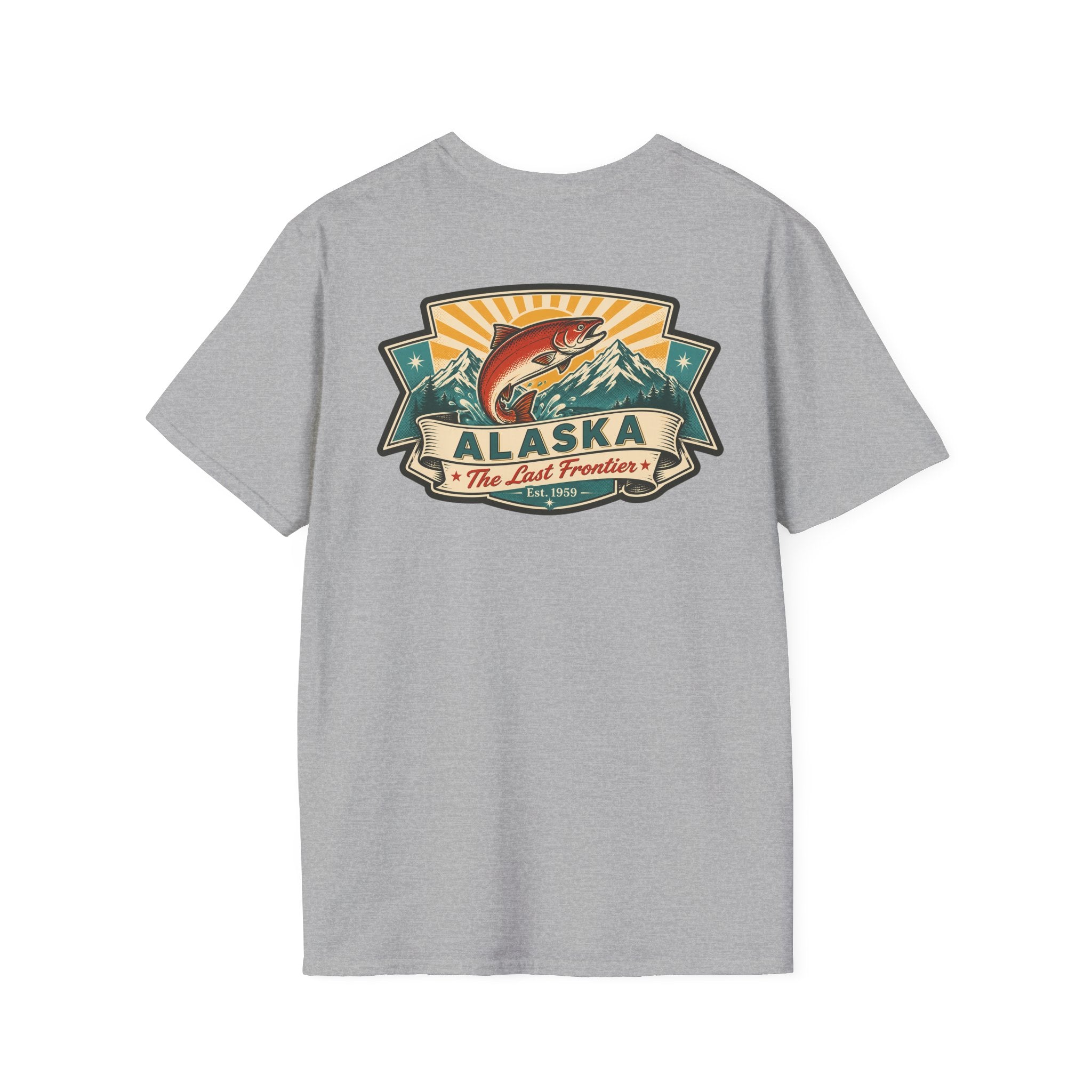 Souvenir T-shirt in sport grey with Alaska badge salmon mountain front print