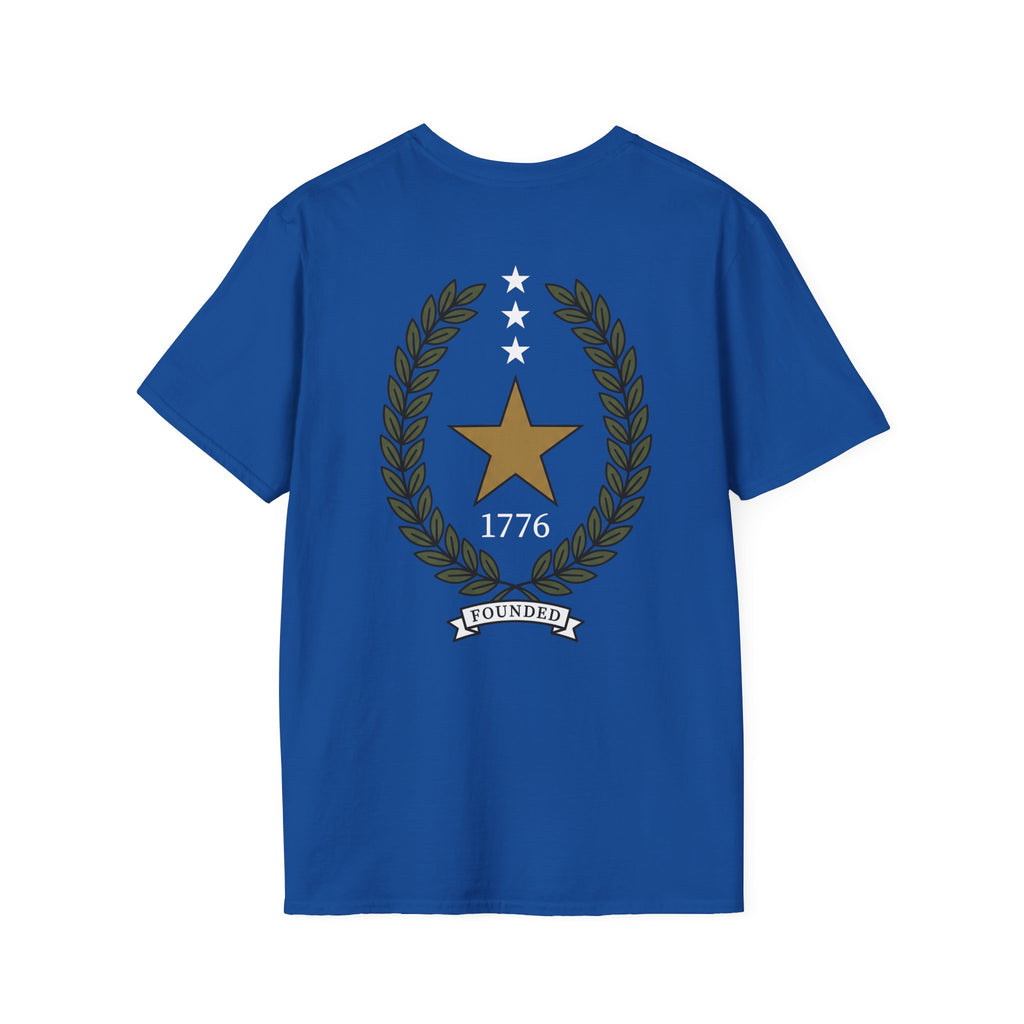 Royal blue t-shirt with gold star laurel wreath and “1776” with “FOUNDED” banner