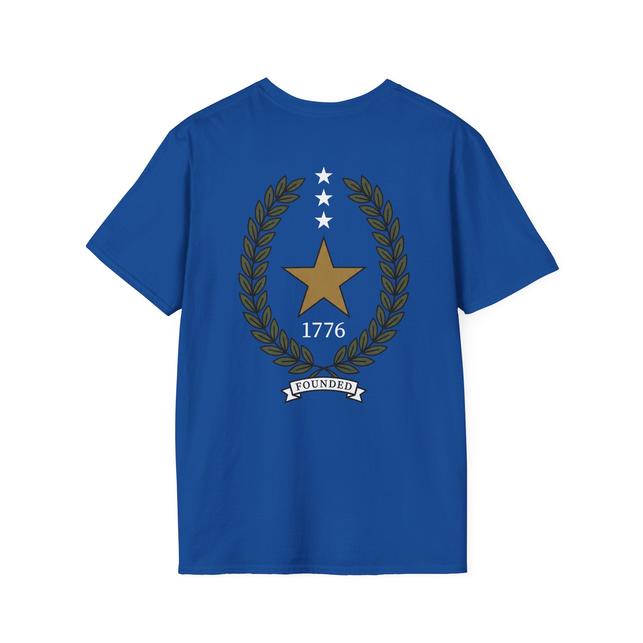 Royal blue t-shirt with gold star laurel wreath and “1776” with “FOUNDED” banner