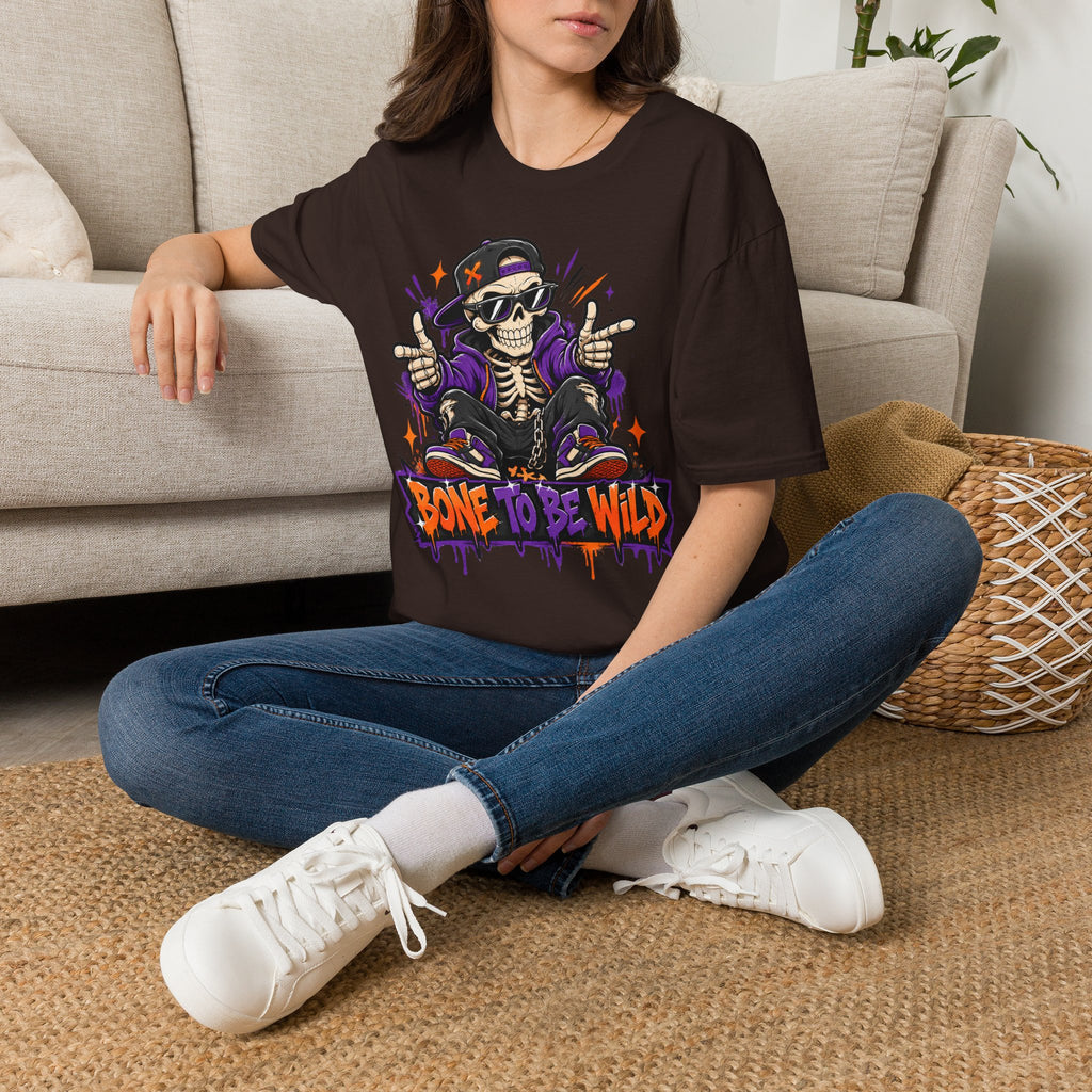 Dark chocolate crewneck short-sleeve T-shirt with colorful DJ skeleton graphic