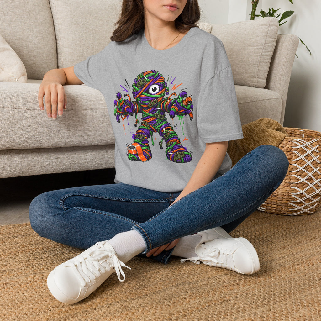 Gray T-shirt with colorful wrapped monster mummy graphic, worn by seated model