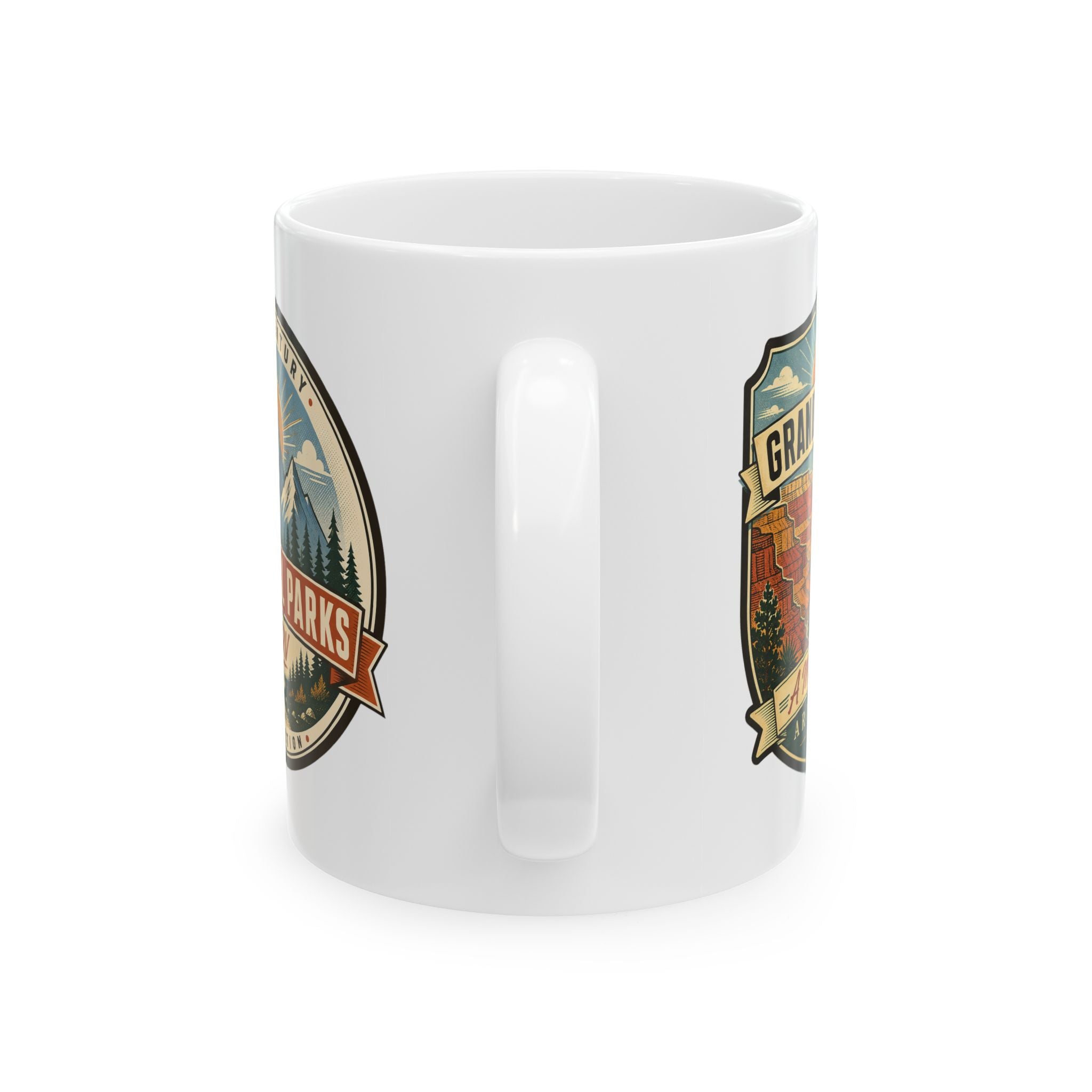 White ceramic mug with molded handle detail and Grand Canyon shield graphic