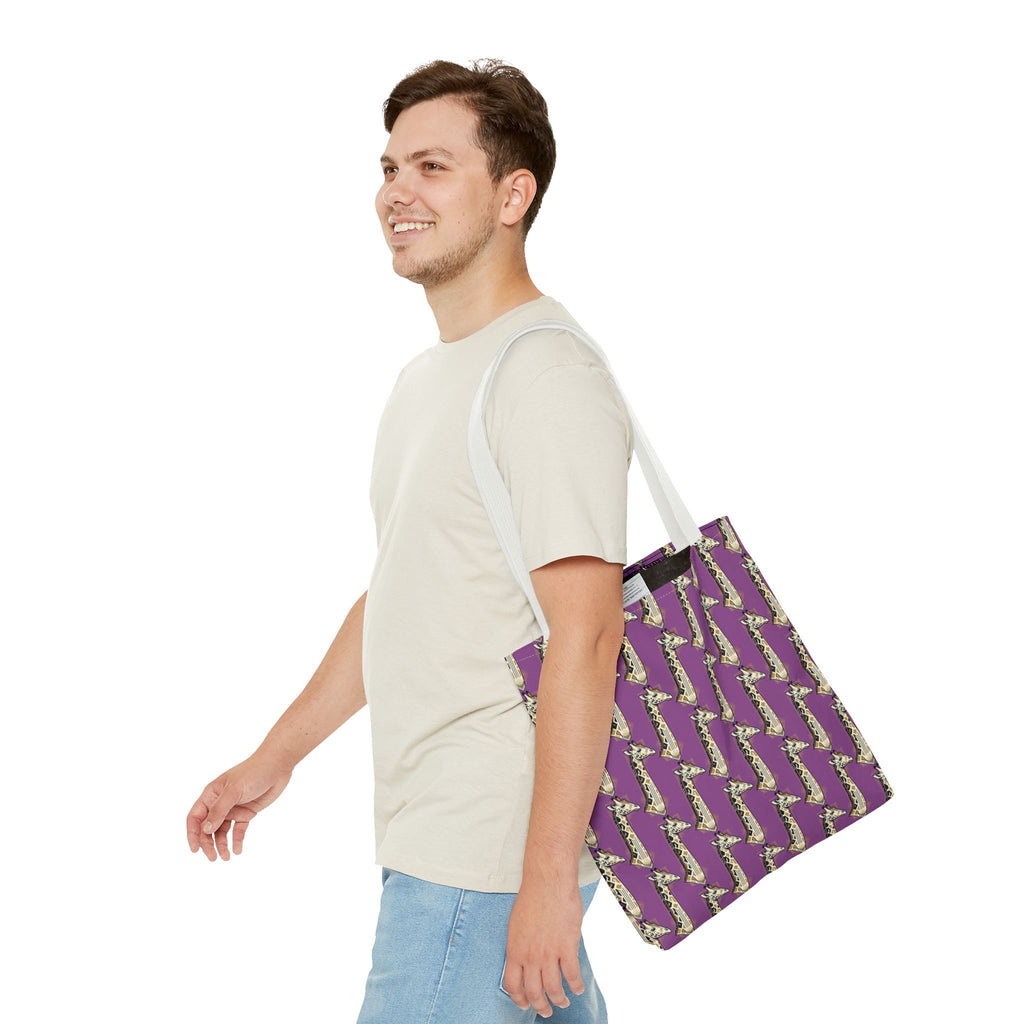 Purple saxophone patterned tote bag over shoulder with burgundy strap