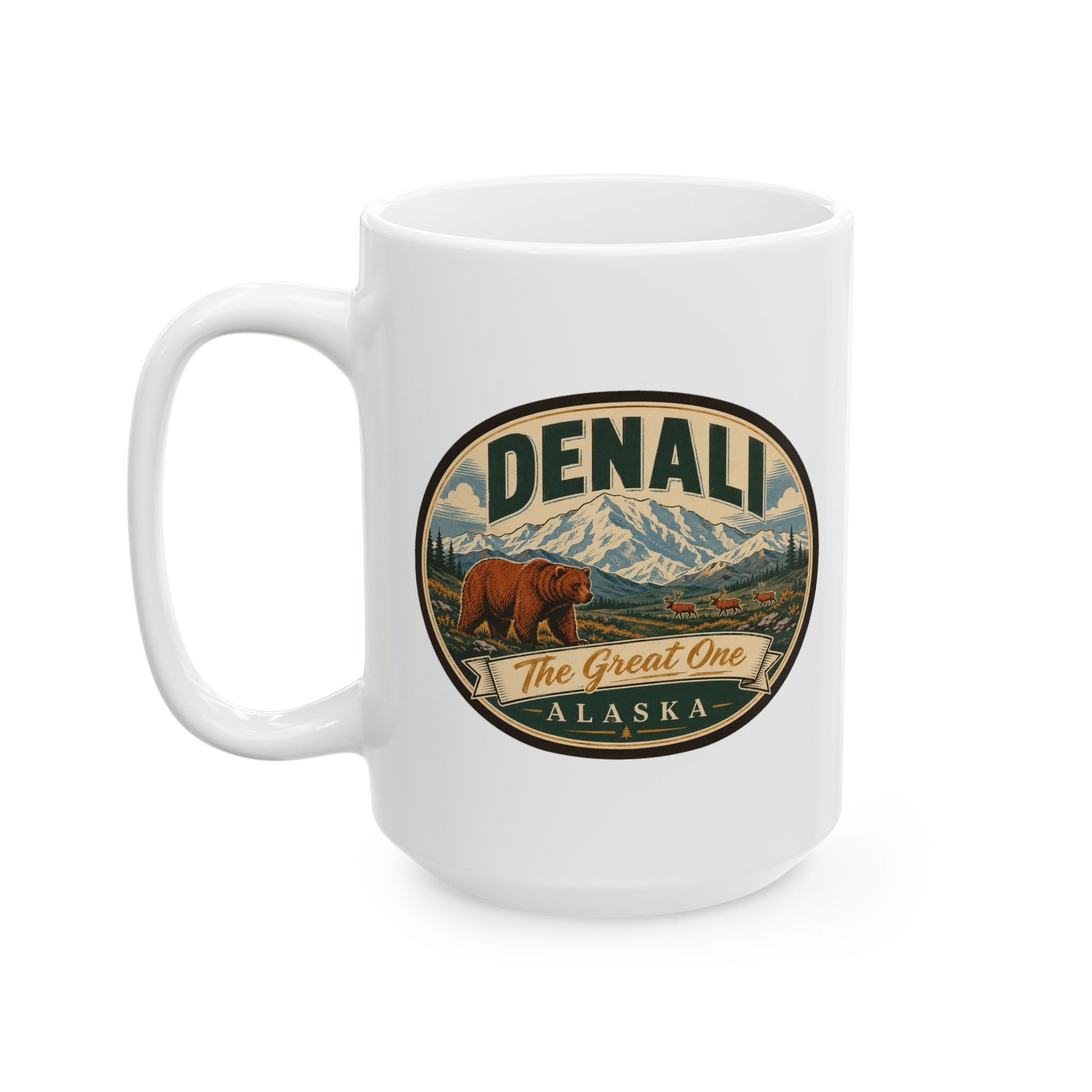 White ceramic mug with Denali The Great One Alaska badge and side handle