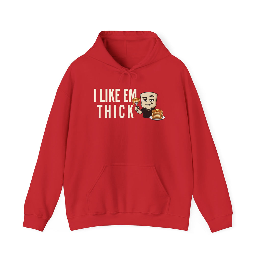 Red hoodie with kangaroo pocket and front cartoon text graphic with pancake stack