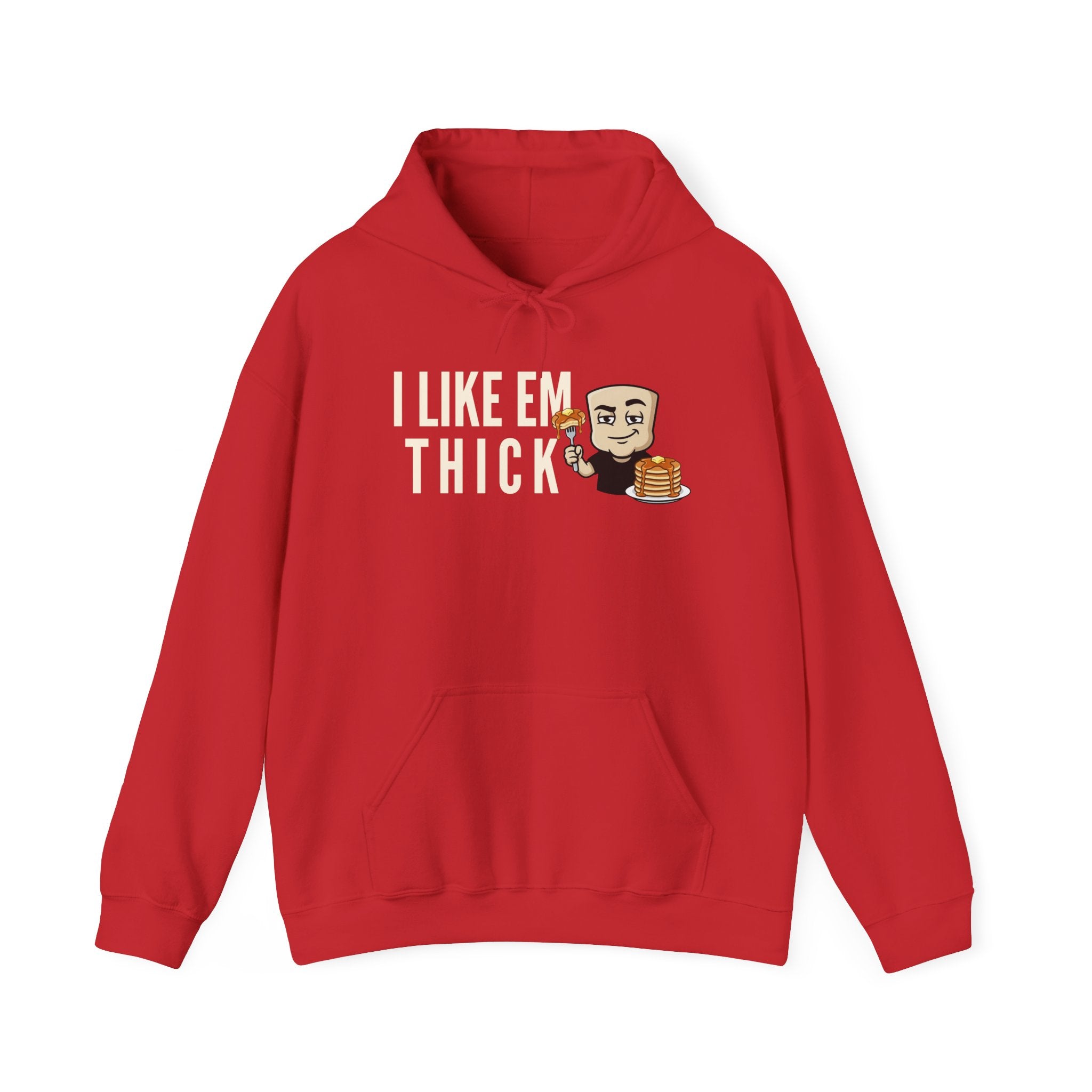 Red hoodie with kangaroo pocket and front cartoon text graphic with pancake stack