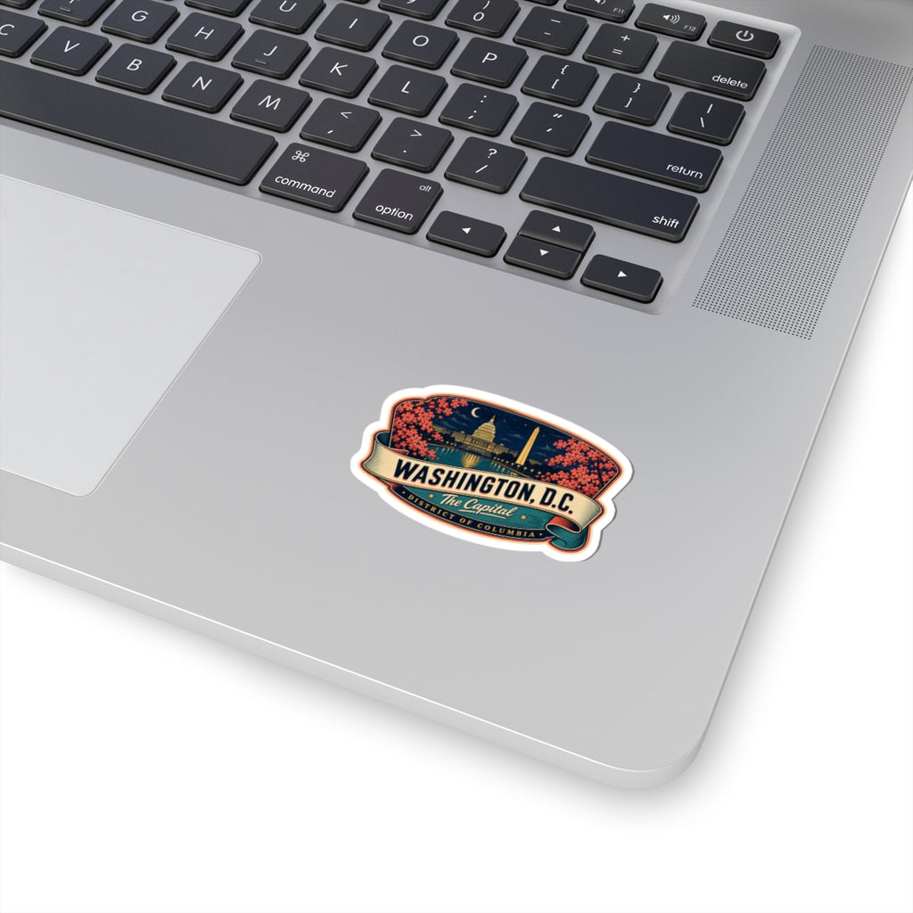 Mid-century luggage tag vinyl sticker with Washington, D.C. skyline and text