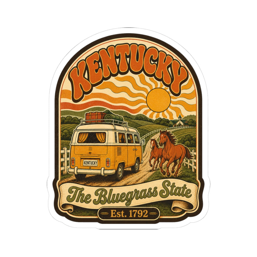 Kentucky retro van and horse scenic sticker with sun, “The Bluegrass State,” Est. 1792