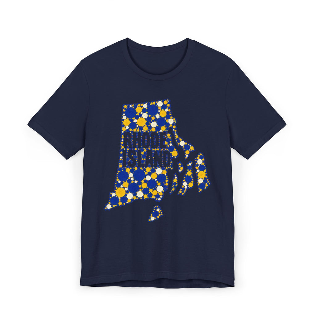 Navy t-shirt with multicolor polka dot Rhode Island outline graphic on front