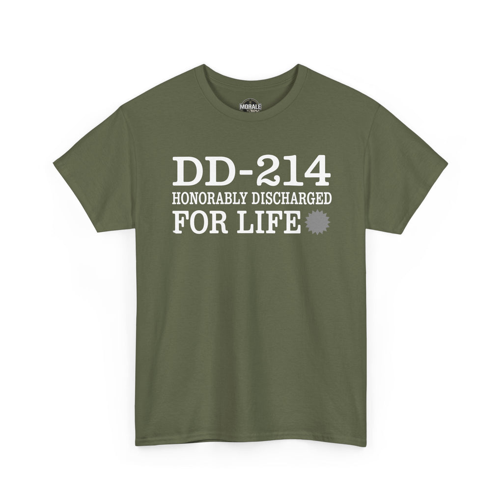 Military green crew-neck T-shirt with DD-214 HONORABLY DISCHARGED FOR LIFE text