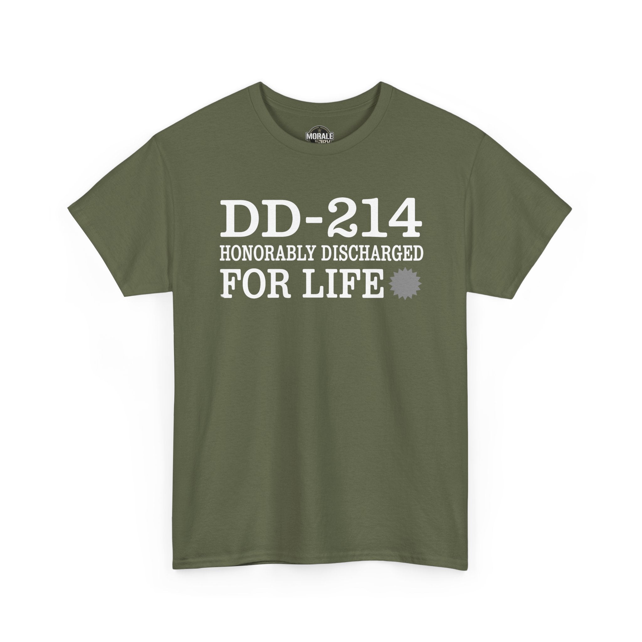 Military green crew-neck T-shirt with DD-214 HONORABLY DISCHARGED FOR LIFE text