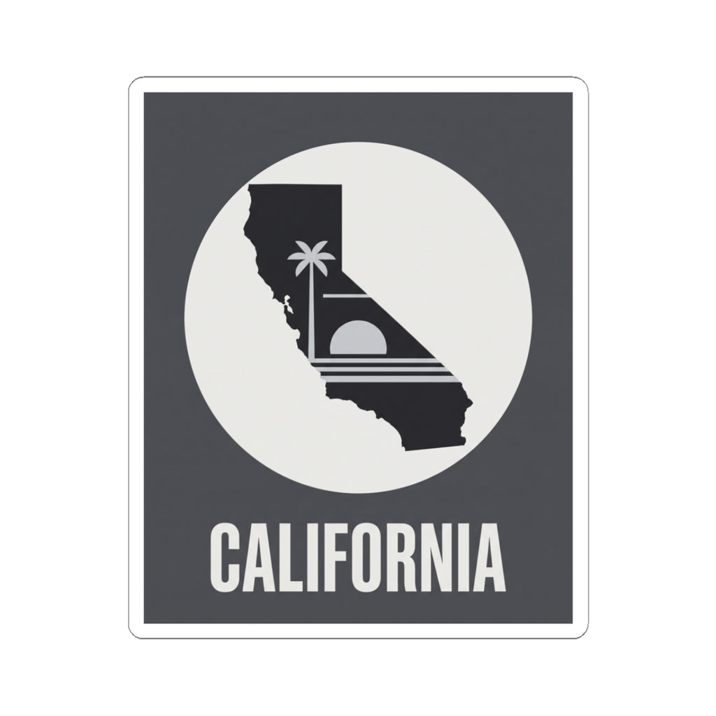 California state silhouette sticker with palm tree icon and CALIFORNIA text, white circle