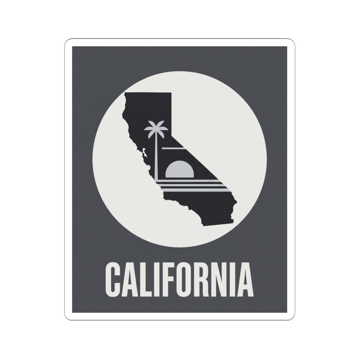 California state silhouette sticker with palm tree icon and CALIFORNIA text, white circle