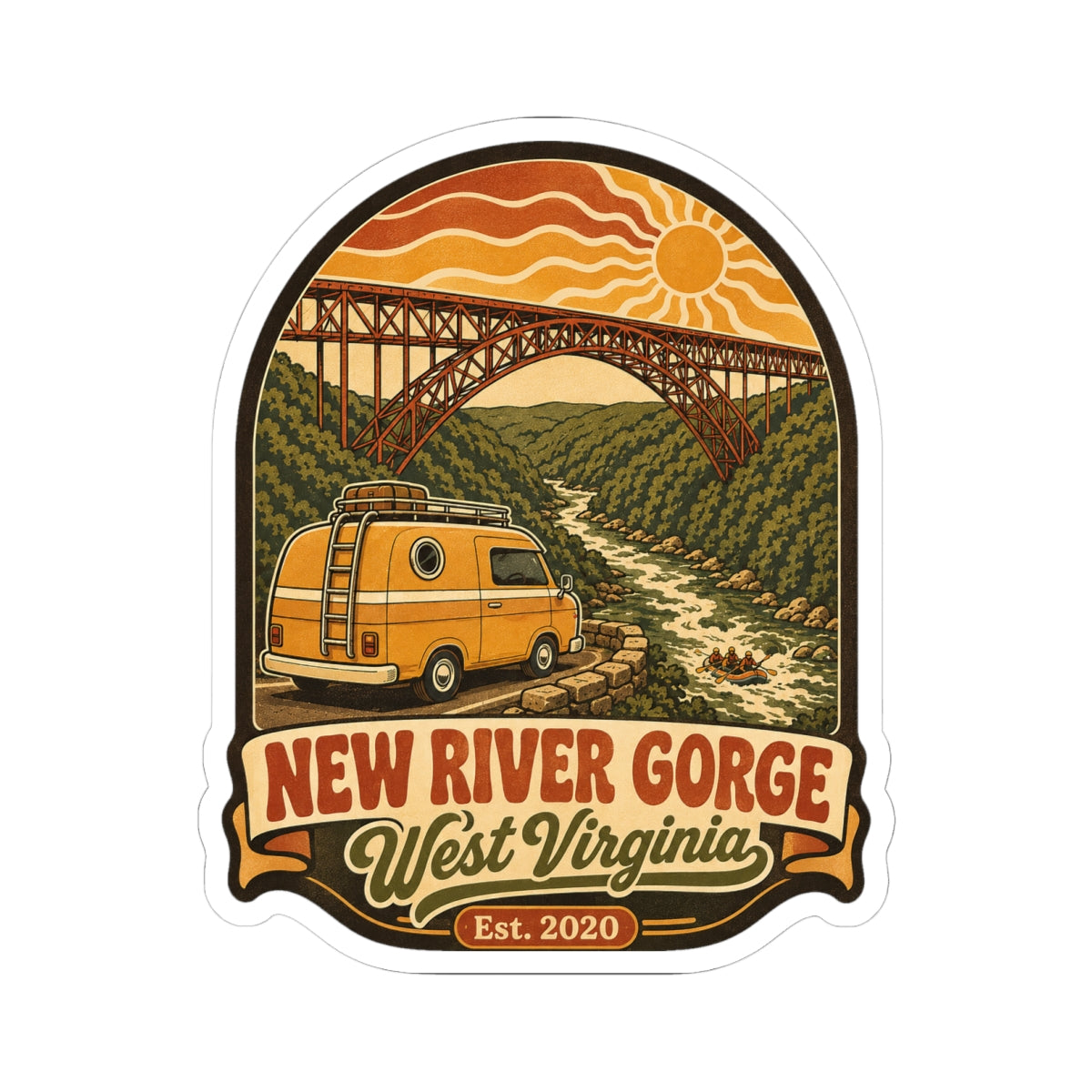 Die-cut travel sticker featuring yellow van, steel arch bridge, orange waves, and sun.