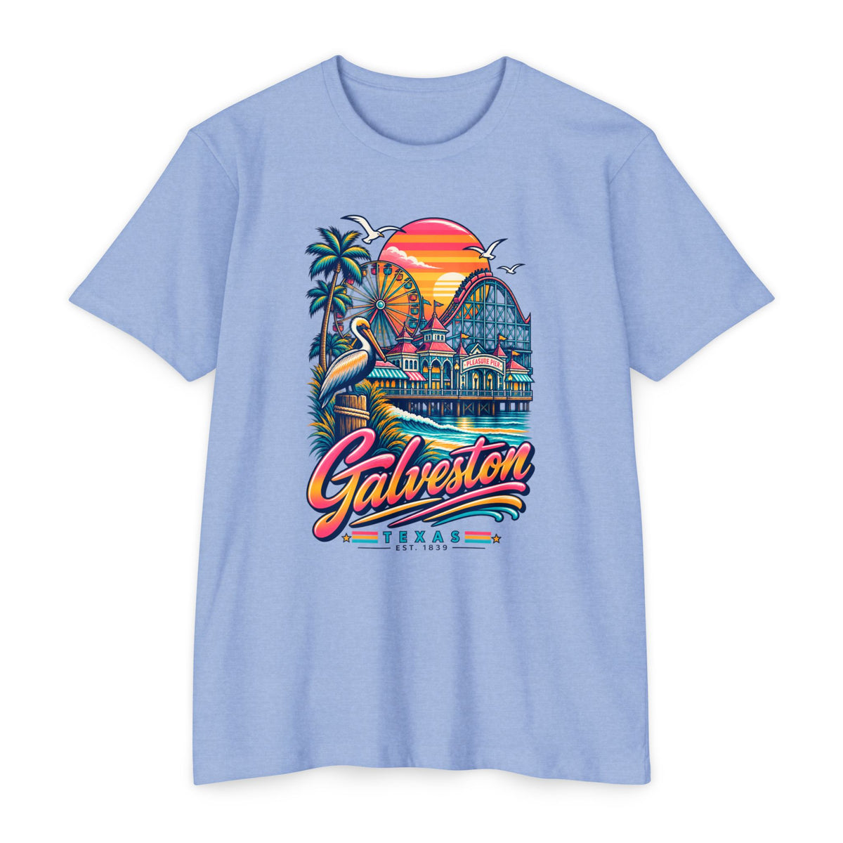 Light blue T-shirt with retro sunset and pier graphic, palm tree and pelican