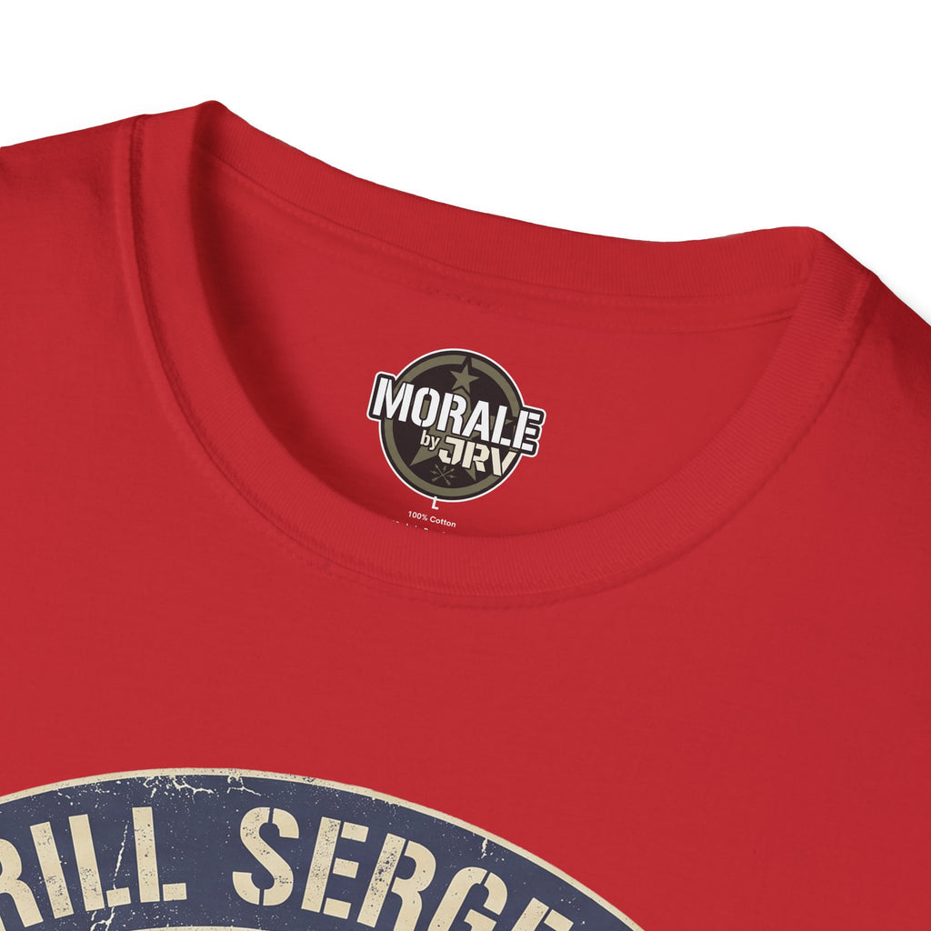 Red T-shirt with round chest emblem graphic