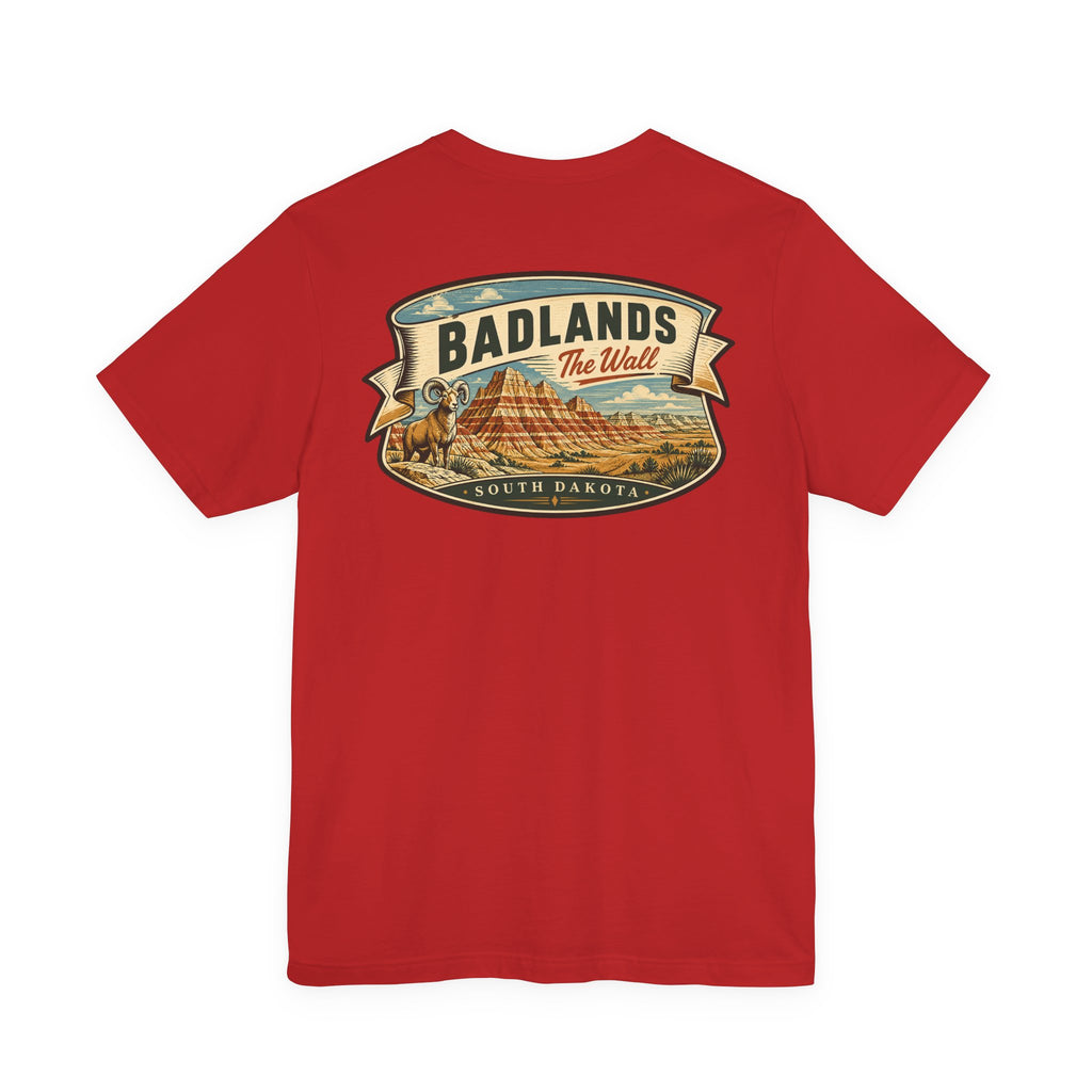 Red crewneck graphic t-shirt with large Badlands “The Wall” emblem on chest