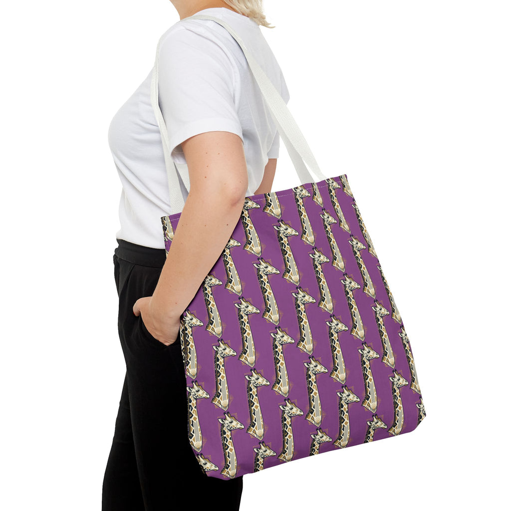 Purple saxophone-pattern tote bag with light shoulder straps, side view