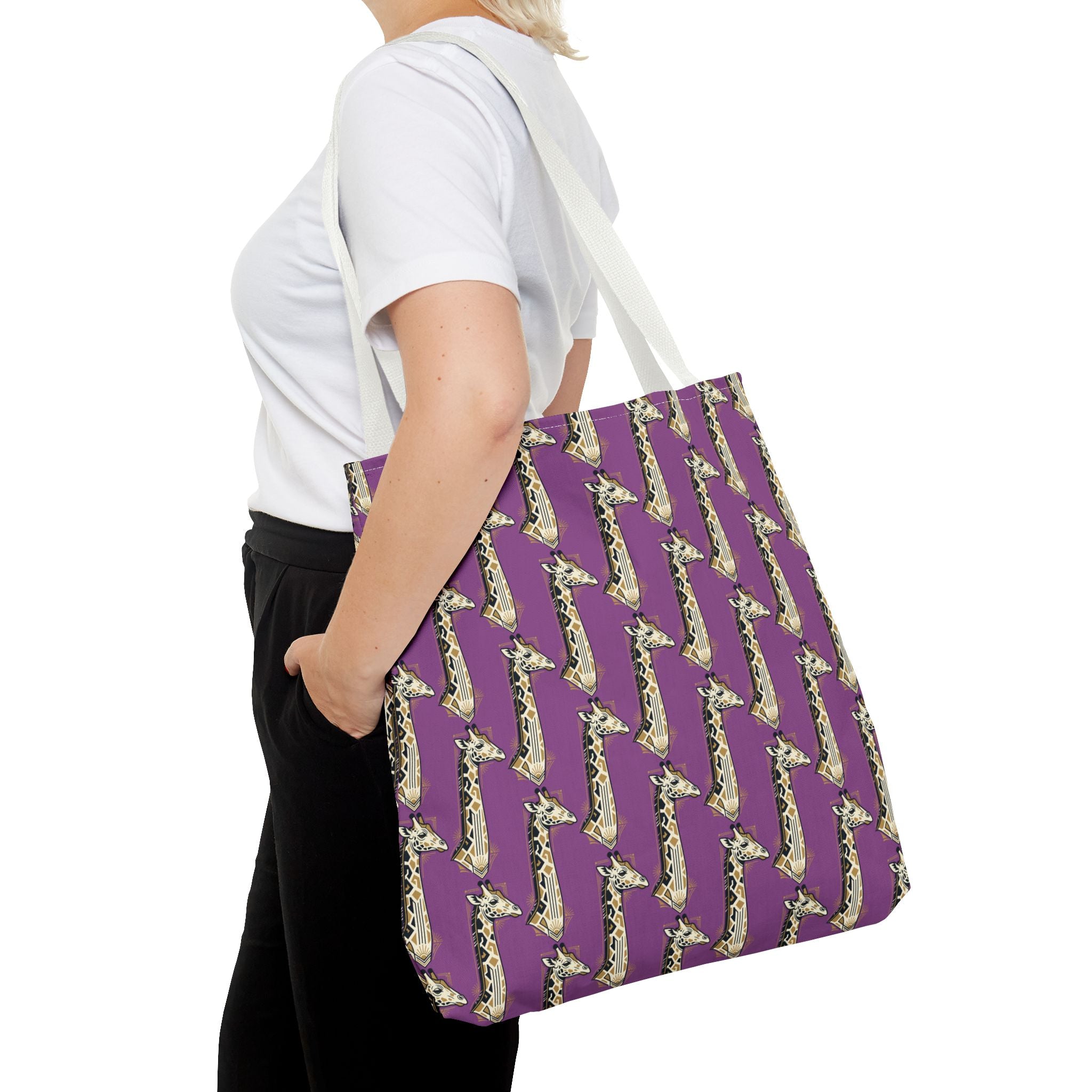 Purple saxophone-pattern tote bag with light shoulder straps, side view