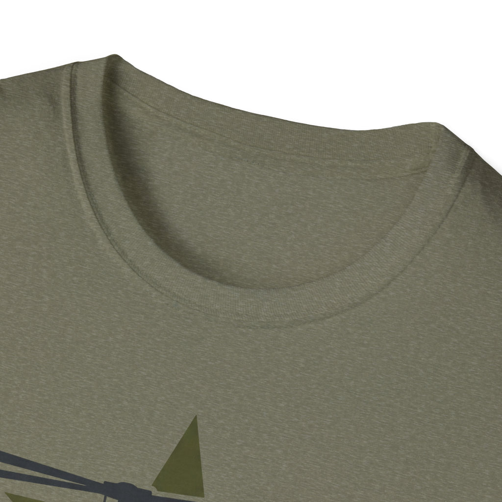 Olive green crewneck t-shirt with partial helicopter graphic under the neckline