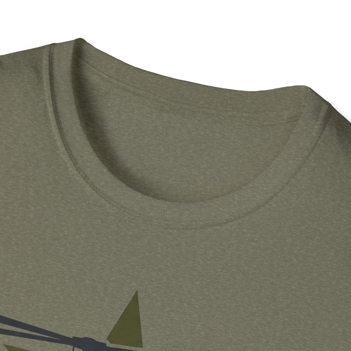 Olive green crewneck t-shirt with partial helicopter graphic under the neckline