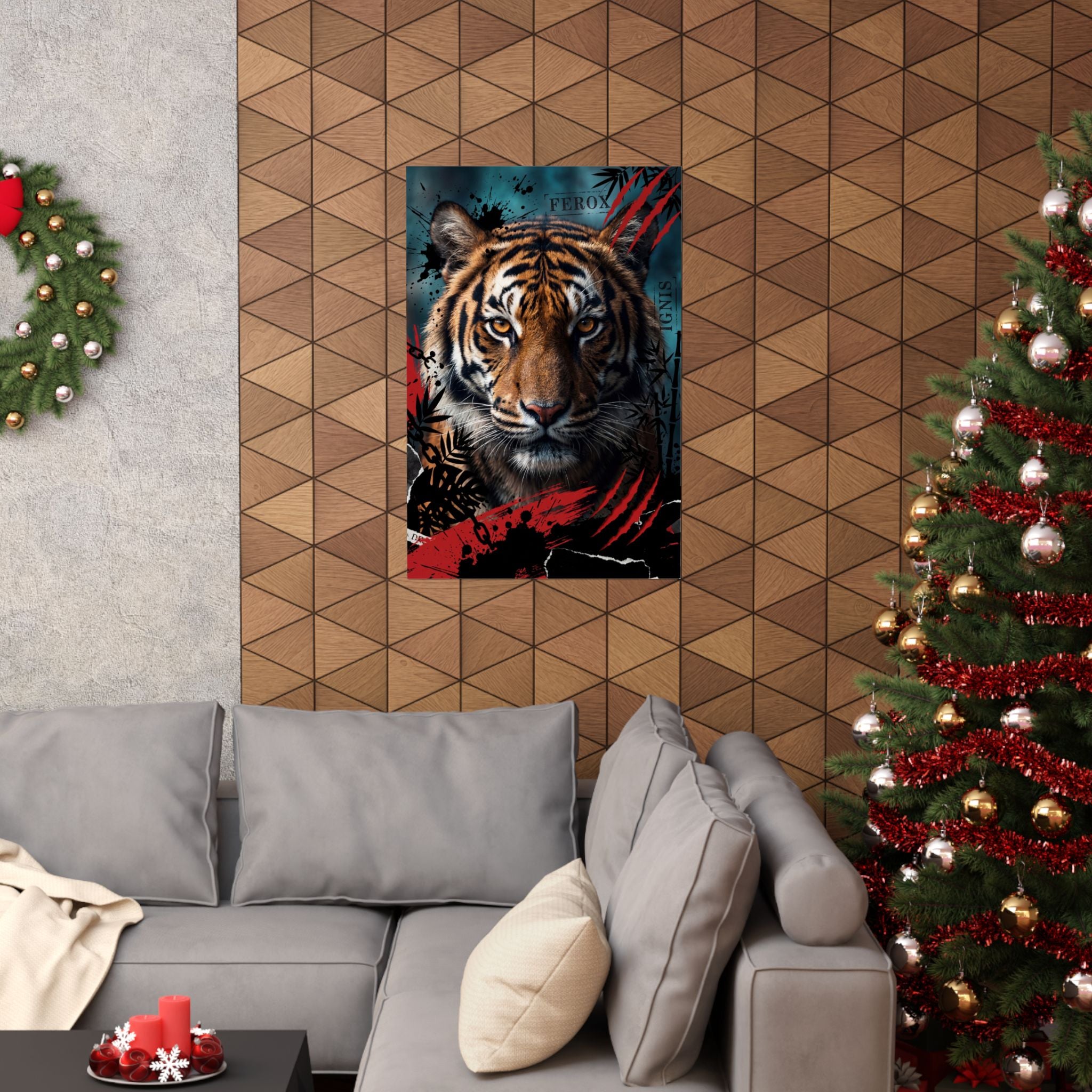 Tiger wall art print on wall, full big cat portrait with red and black details