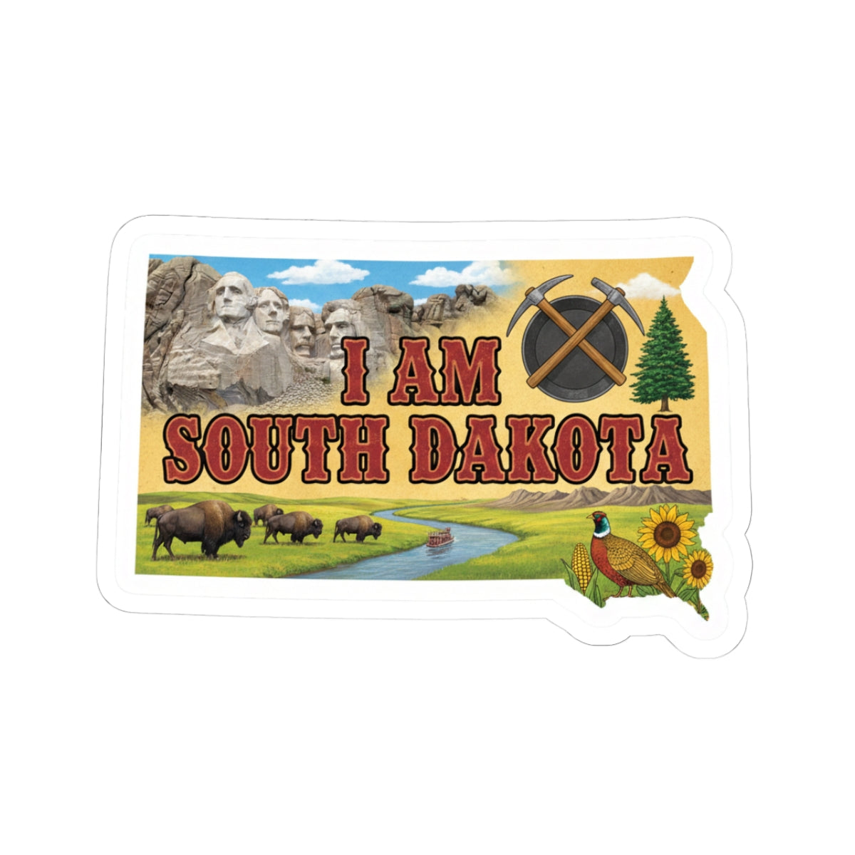 Aufkleber „I AM SOUTH DAKOTA“ mit Traktorsymbol, Kühen, Landschaft und Sonnenblume