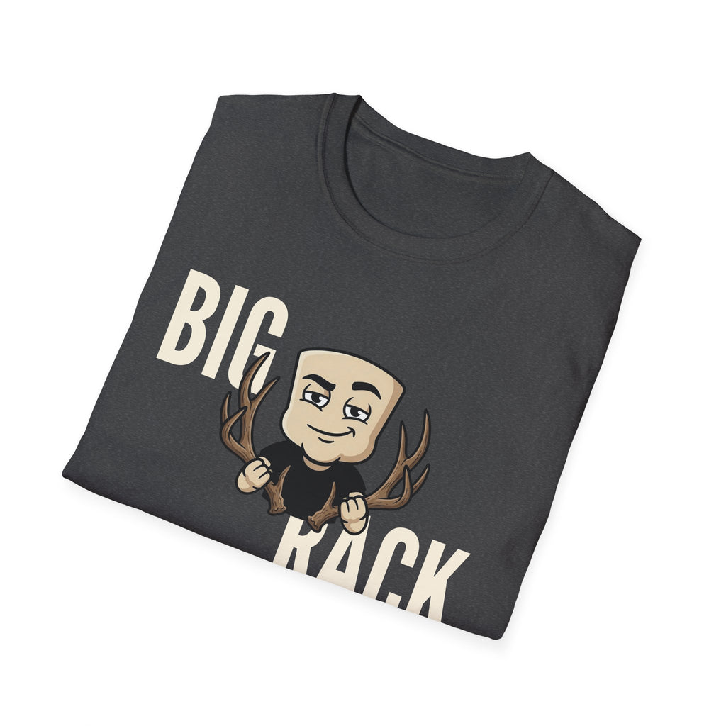 Dark gray T-shirt with “BIG RACK” graphic and cartoon hunter with antlers