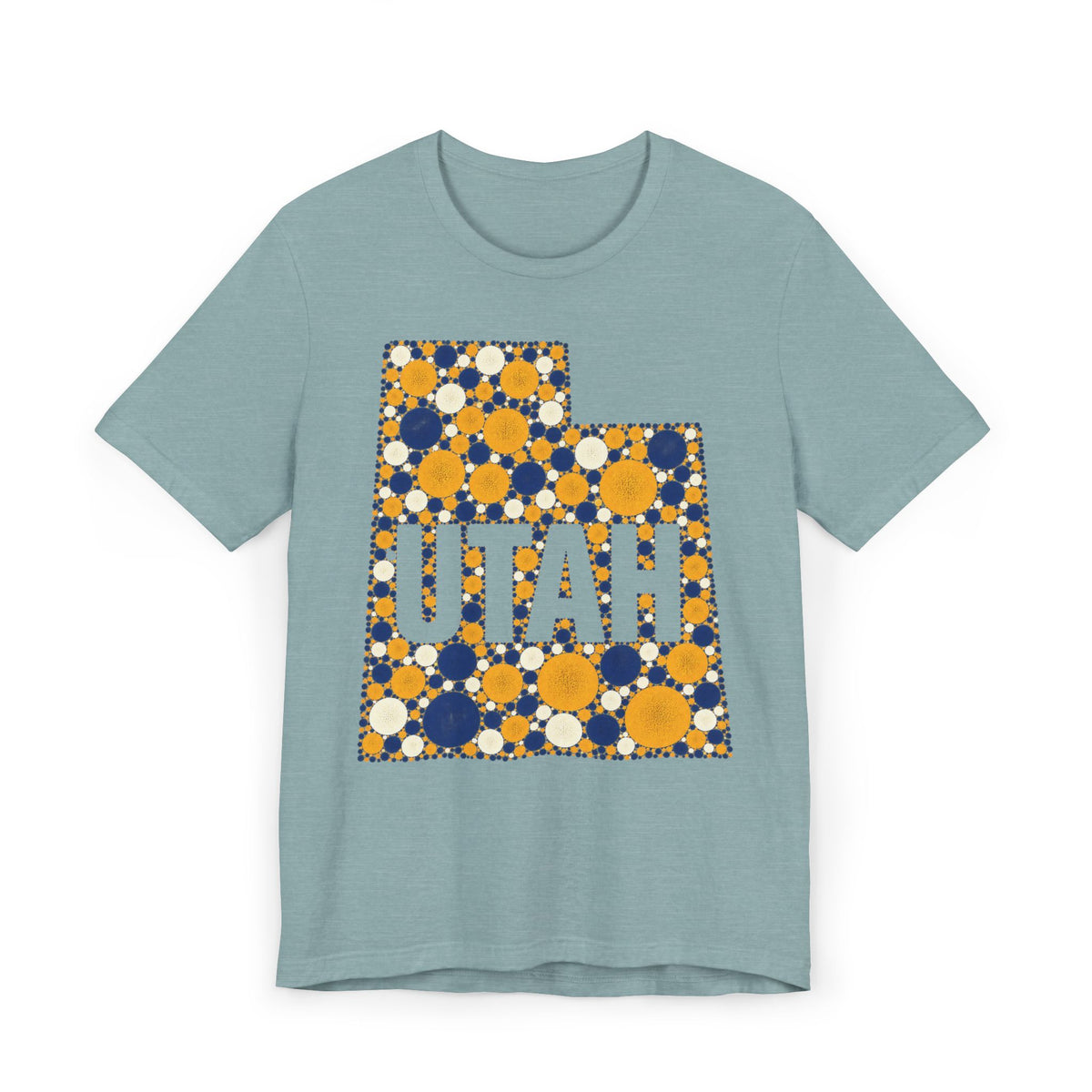 Polka dot Utah graphic t-shirt with UTAH text, blue and yellow on light blue