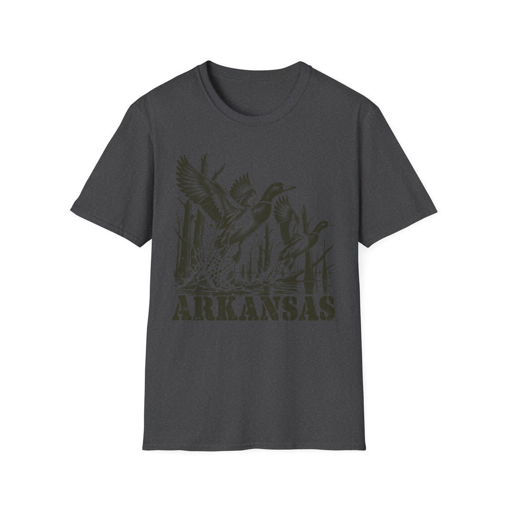 Charcoal crewneck T-shirt with Arkansas duck graphic print on front